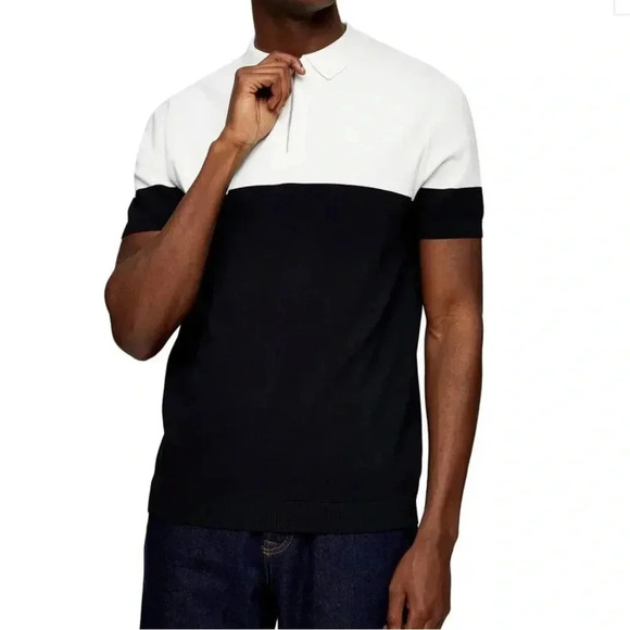 Topman Colorblock Polo Sweater Size Small 1/4 Zip Black Ivory Short Sleeve Knit - Picture 2 of 8